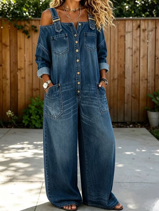 Damen Modischer Denim-Overall mit Off-Shoulder Design