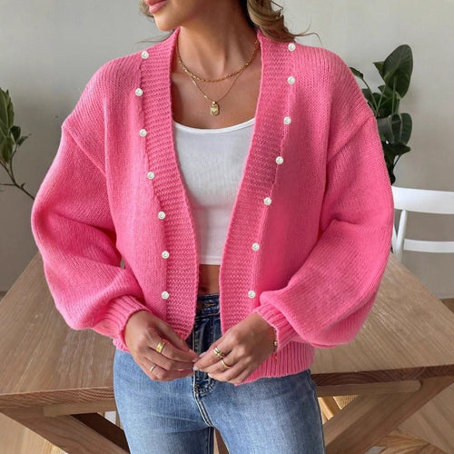 Damen Strickjacke mit dekorativen Perlenknöpfen und weitem Schnitt