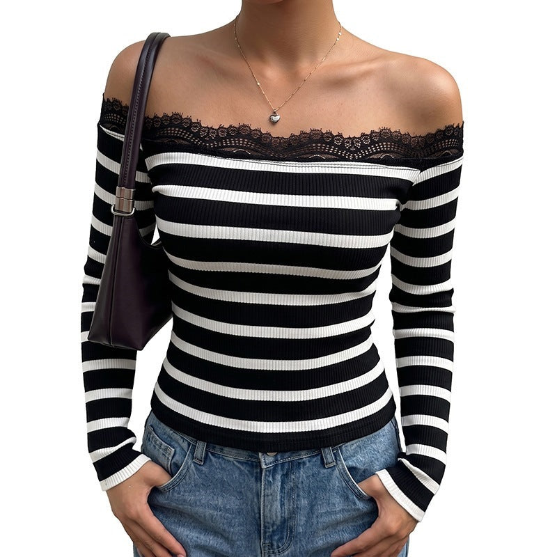 Damen Schulterfreies gestreiftes Rippoberteil mit Spitze Shop Nory