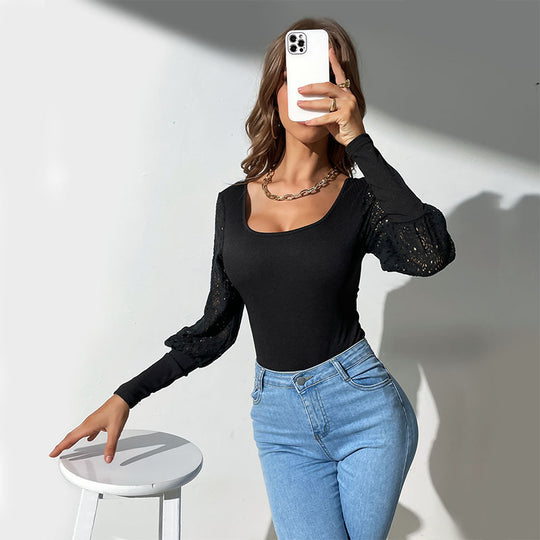 Damen Langärmliger Body mit Spitzenärmeln und eckigem Ausschnitt Shop Nory