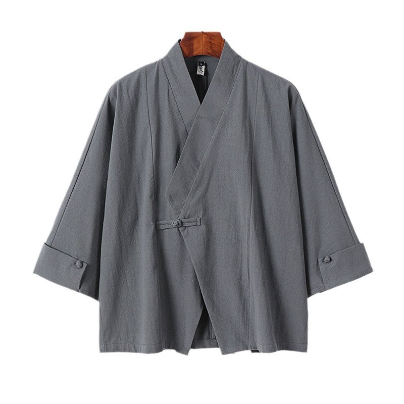 Herren Leinen-Kimono-Jacke mit traditionellem Knotenverschluss und mittel-langen Ärmeln Shop Nory