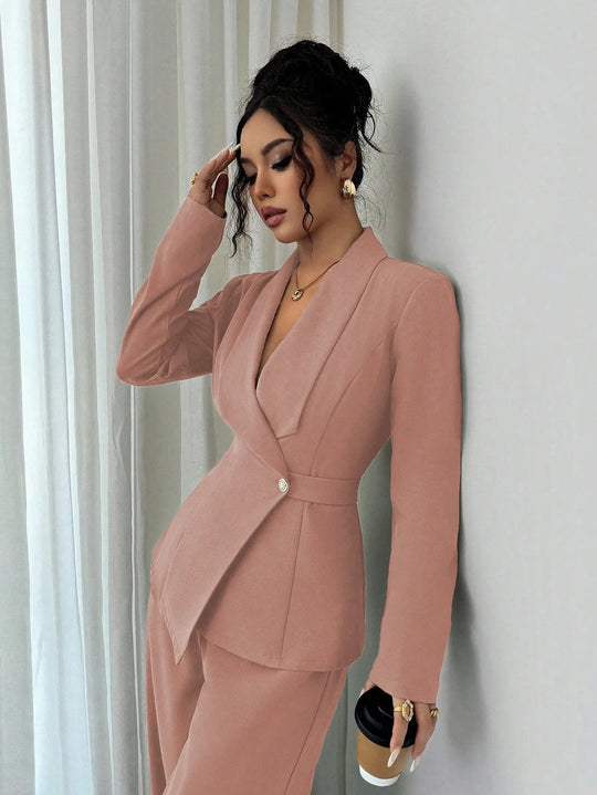 Damen nan taillierter Businessblazer mit Schalkragen, Gürtelbund und Ein-Knopf-Verschluss Shop Nory