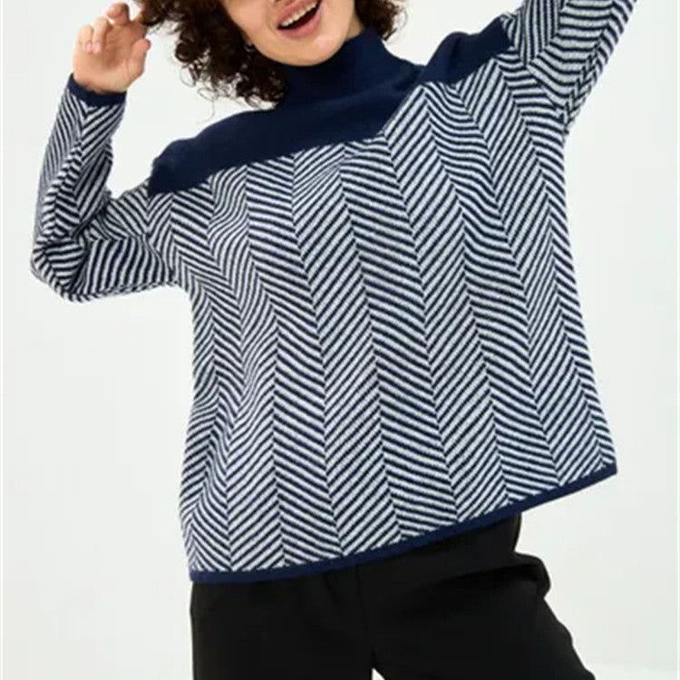 Damen Strickpullover mit Stehkragen und Fischgrätmuster Shop Nory