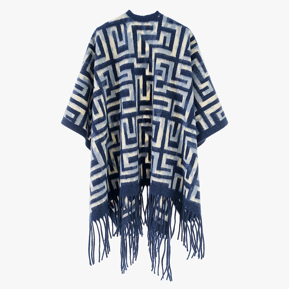 Damen Geometrischer Jacquard-Capeponcho mit Fransen und offenem Fall Shop Nory