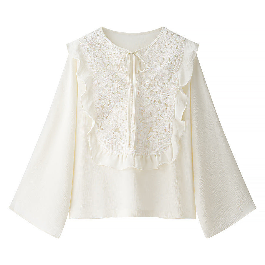 Damen Bestickte Volantbluse mit weitem Trompetenärmel und Bindekragen Shop Nory