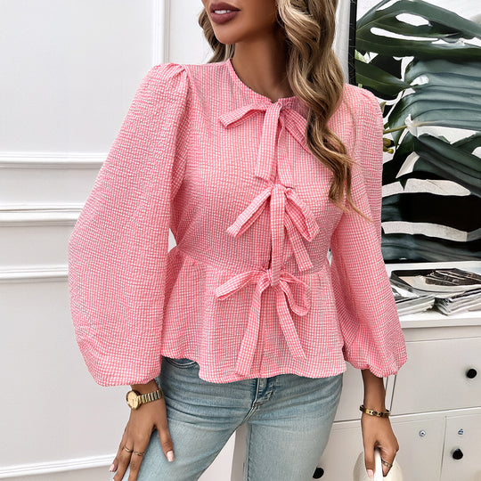 Damen nan geraffte Vichy-Bluse mit dekorativen Schleifenverschlüssen und Ballonärmeln Shop Nory