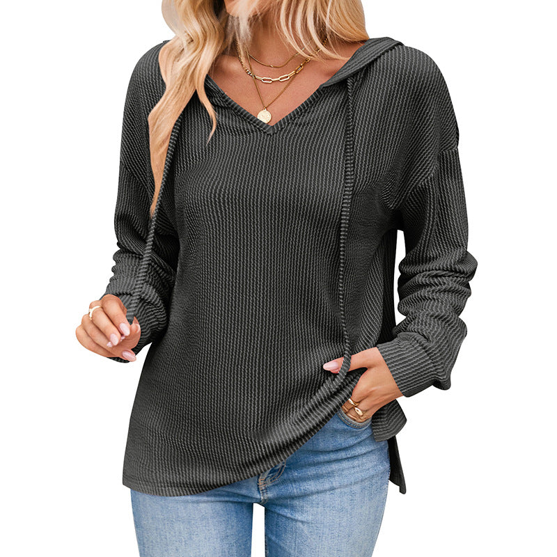 Damen lässiger Sweater mit V-Ausschnitt und Kordelzug