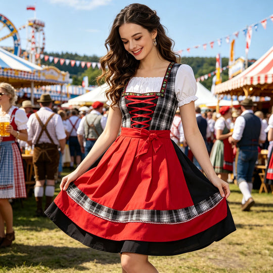 Damen nan traditionelles Trachten-Dirndl mit Schnürleiste, A-Linie Rock und Schleifen-Schürze Shop Nory
