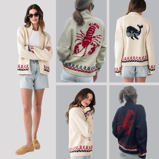Damen Oversize Strickcardigan mit Walmotiv und nautischer Kontrastbordüre Shop Nory