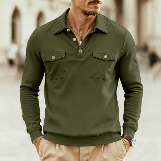Herren nan figurbetontes Langarm-Poloshirt mit Hemdkragen und aufgesetzten Brustklappen