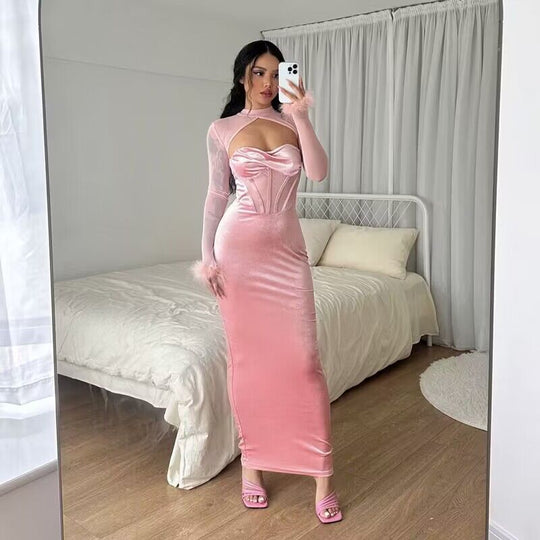 Damen figurbetontes Samt-Maxikleid mit Corsagen-Bustier und transparentem Mesh-Oberteil Shop Nory