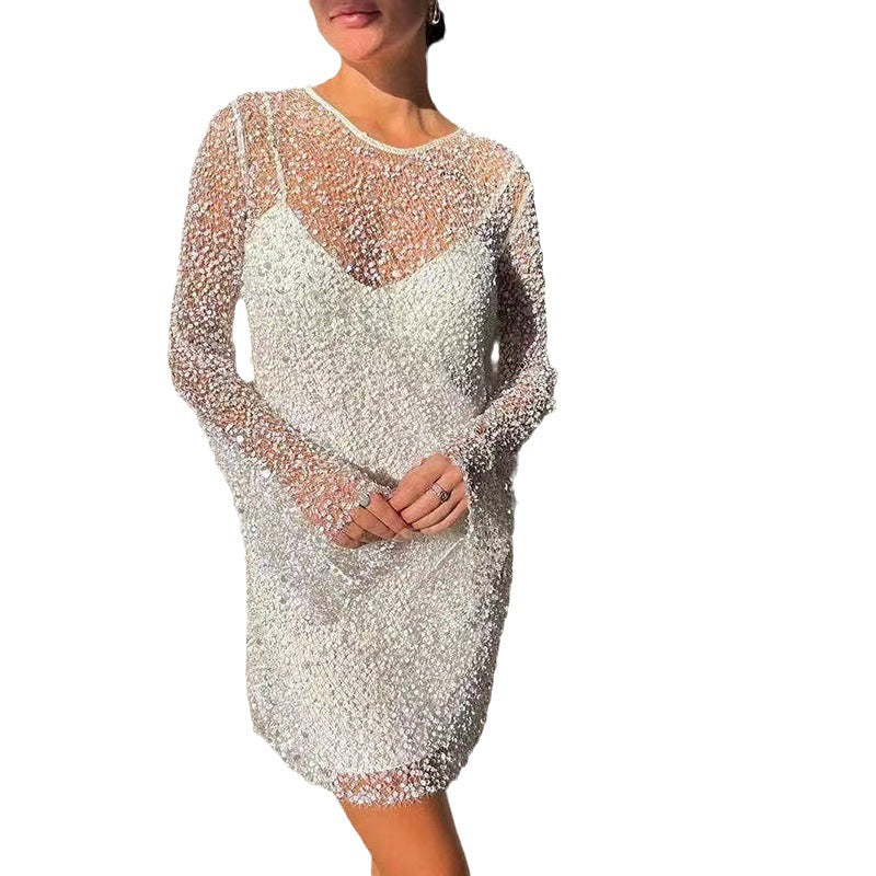 Damen Glitzerndes Cocktailkleid mit schimmernden Pailletten und langen Ärmeln