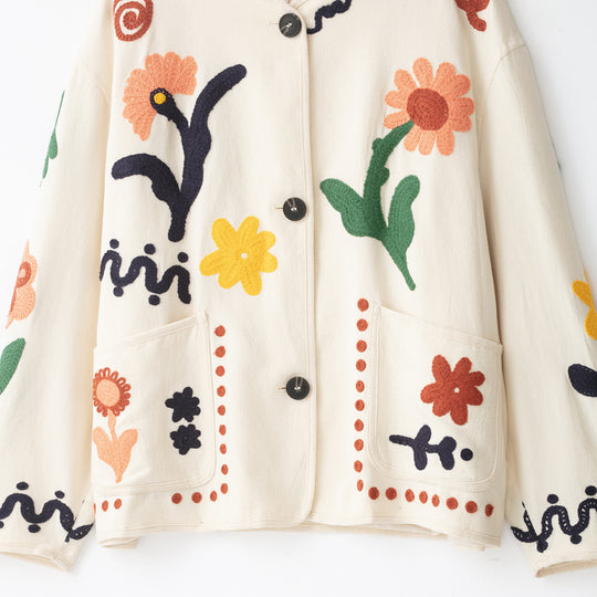 Damen Bestickte Oversize Baumwolljacke mit Blumendekor und Knopfleiste Shop Nory