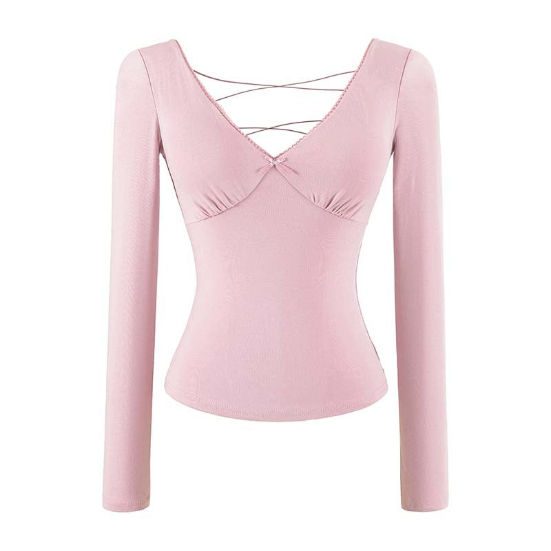 Damen Figurbetontes Langarm-Top mit tiefem V‑Ausschnitt, gekreuzten Spaghettiträgern und Spitzenkante Shop Nory