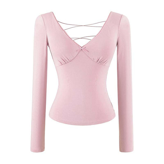 Damen Figurbetontes Langarm-Top mit tiefem V‑Ausschnitt, gekreuzten Spaghettiträgern und Spitzenkante Shop Nory