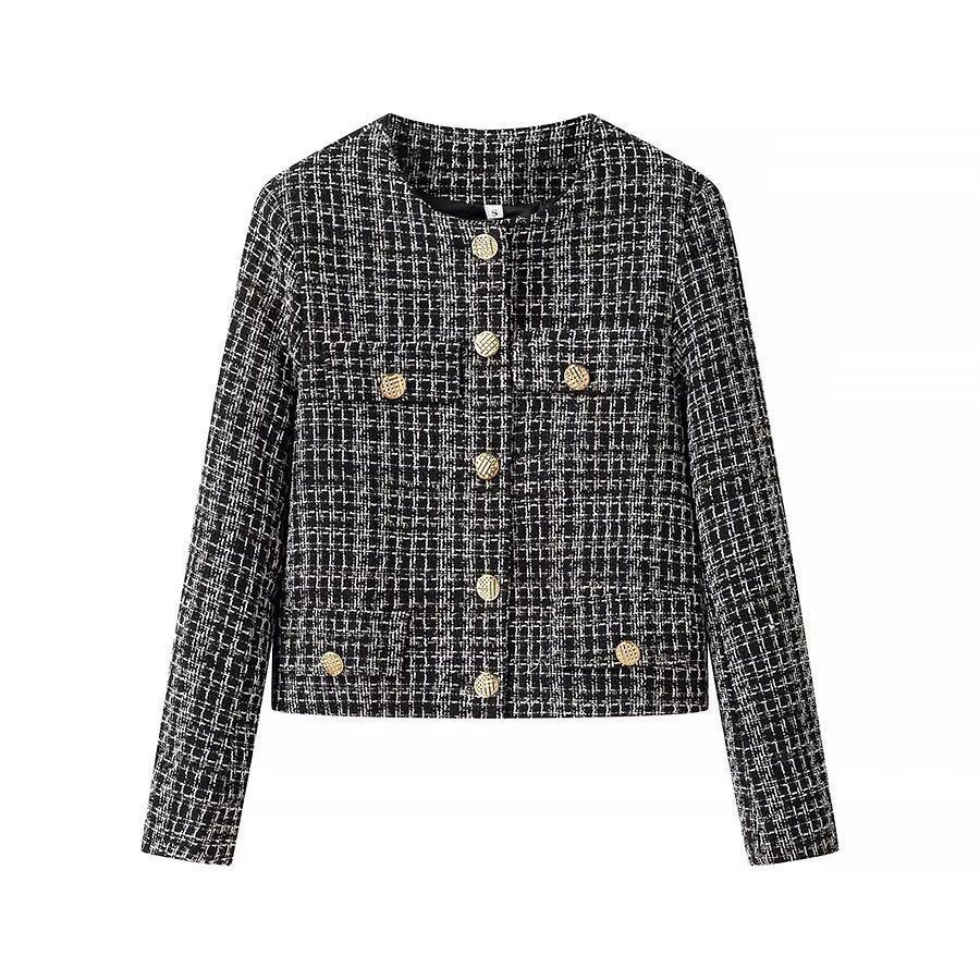Damen Kurze Bouclé-Tweed-Jacke mit Rundhals, dekorativen Zierknöpfen und aufgesetzten Taschen Shop Nory