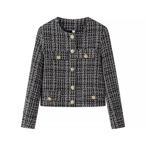 Damen Kurze Bouclé-Tweed-Jacke mit Rundhals, dekorativen Zierknöpfen und aufgesetzten Taschen Shop Nory