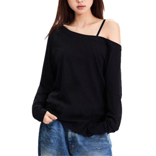 Damen nan asymmetrisches Off-Shoulder Langarmshirt aus Baumwollstretch mit lässigem Oversize-Schnitt Shop Nory