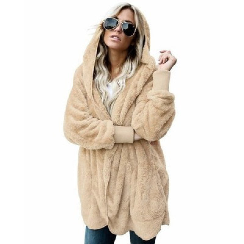 Damen Oversize Teddy‑Fleece‑Mantel mit offener Front, Eingrifftaschen und Rippbündchen Shop Nory