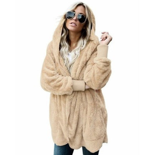 Damen Oversize Teddy‑Fleece‑Mantel mit offener Front, Eingrifftaschen und Rippbündchen Shop Nory
