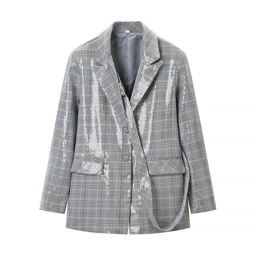 Damen Oversize Glencheck-Blazer mit einreihiger Knopfleiste, Pattentaschen und dezentem Paillettenbesatz Shop Nory