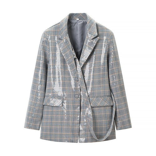 Damen Oversize Glencheck-Blazer mit einreihiger Knopfleiste, Pattentaschen und dezentem Paillettenbesatz Shop Nory