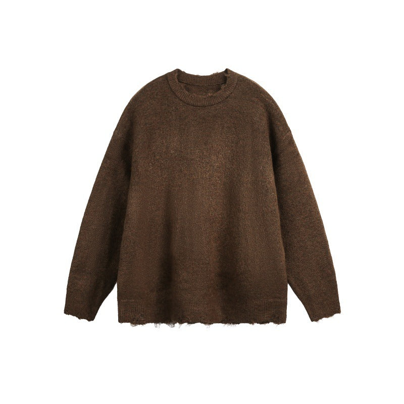 Unisex Oversize Grobstrickpullover mit Rundhalsausschnitt und ausgefranstem Saum Shop Nory