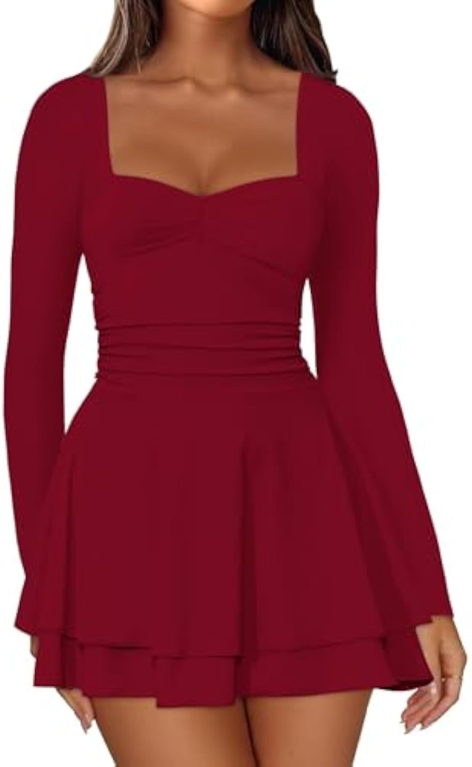 Damen Langarm-Minikleid mit quadratischem Ausschnitt, taillierter Raffung und zweilagigem Volantrock Shop Nory