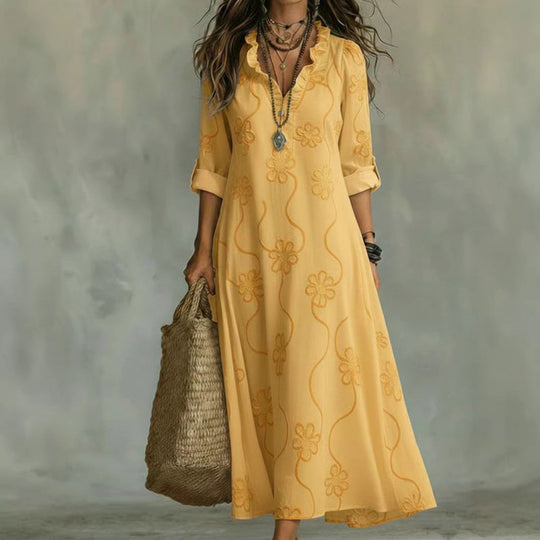 Damen Langes Boho-Maxikleid mit Blumenstickerei und V‑Ausschnitt Shop Nory