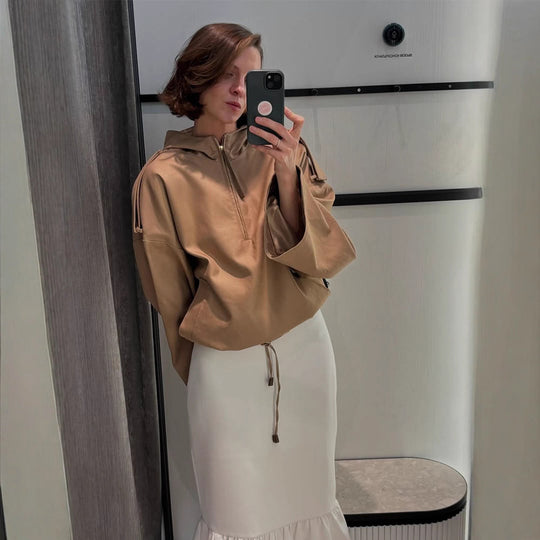 Damen Oversize Kapuzenpullover mit halbem Reißverschluss, Ballonärmeln & Tunnelzug Shop Nory