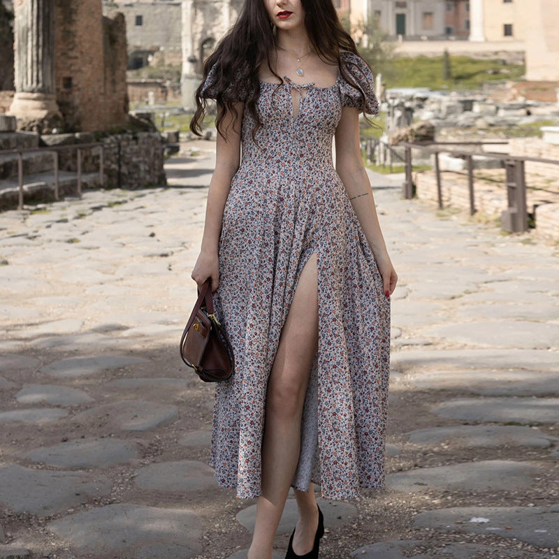 Damen Maxi-Kleid mit Puffärmeln und floralem Design