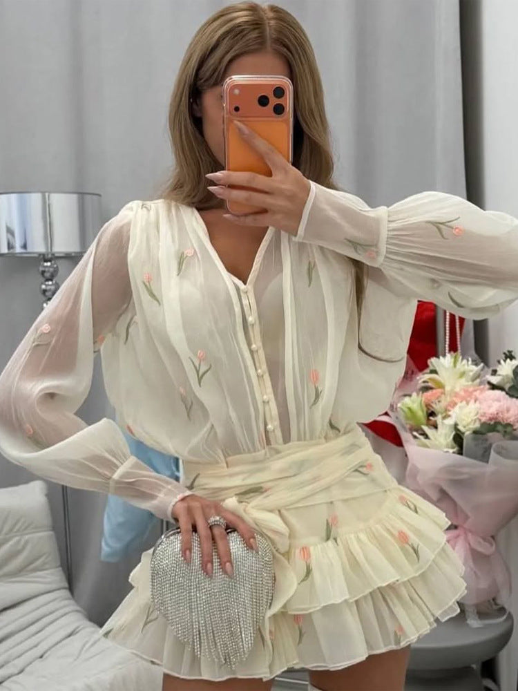 Damen Zweiteiliges Chiffon‑Set mit bestickter Transparentbluse und Volant‑Minirock Shop Nory