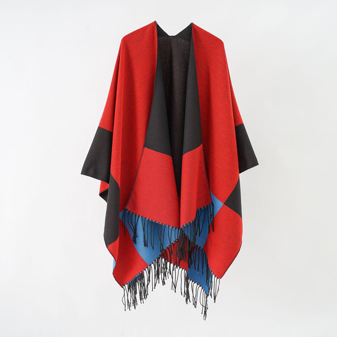 Damen Oversize-Ruana aus Wollmix mit Farbblock‑Design und Fransen Shop Nory