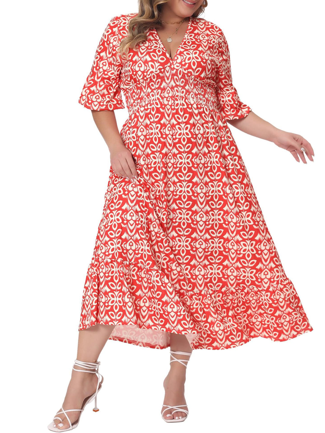 Damen Midikleid in A‑Linie mit grafischem Allover‑Print, geraffter Taillenpartie und Volantstufen Shop Nory