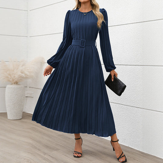 Damen Plissiertes Midikleid mit Taillengürtel, Puffärmeln und Rundhalsausschnitt Shop Nory