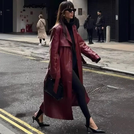 Damen Langer Kunstleder‑Trenchcoat mit Taillengürtel, weitem Revers und wasserabweisender Oberfläche Shop Nory