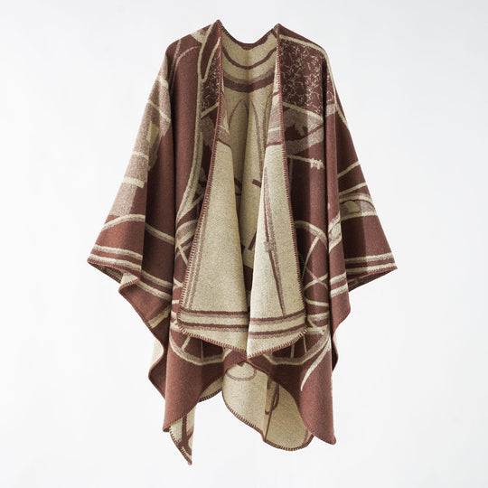 Damen Wollmix-Reversible Cape mit grafischem Jacquard und offenem Kimonofall Shop Nory