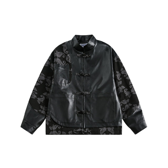 Unisex Kunstleder-Blousonjacke mit Paisley-Ärmeln und Knebelverschlüssen Shop Nory