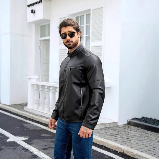 Herren moderne Kunstlederjacke mit Reißverschlüssen