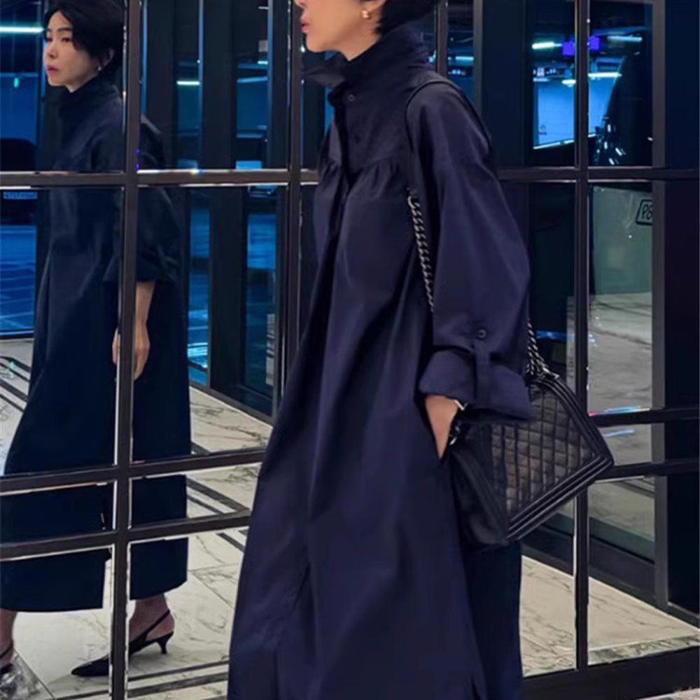Damen Langes Boxy-Hemdblusenkleid mit hohem Stehkragen und verdeckter Knopfleiste Shop Nory