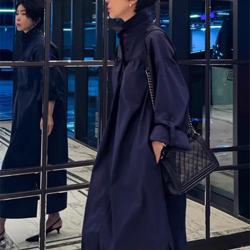 Damen Langes Boxy-Hemdblusenkleid mit hohem Stehkragen und verdeckter Knopfleiste Shop Nory