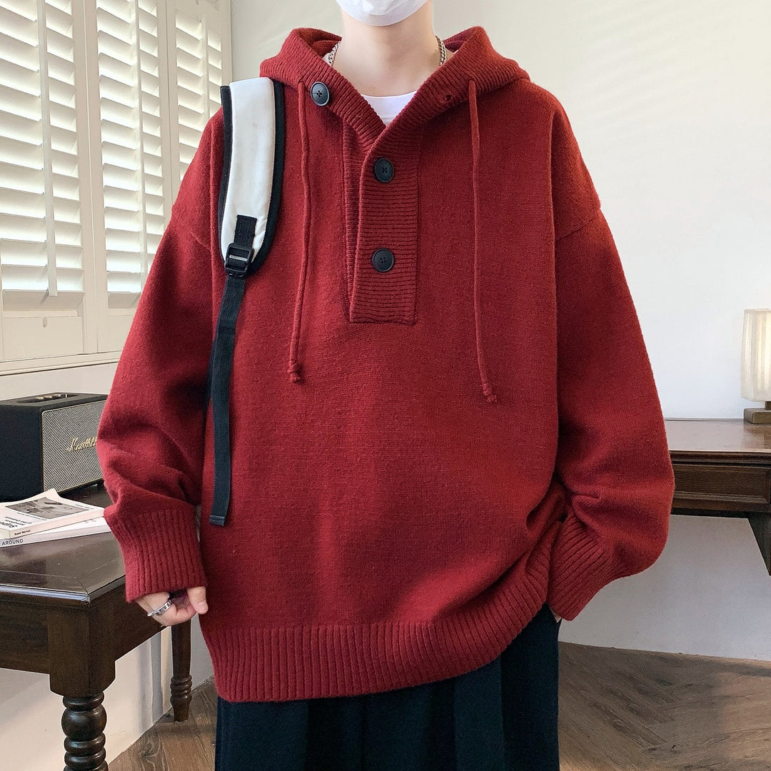 Unisex Oversize Strick-Hoodie mit Halbknopfblende und Rippbündchen Shop Nory