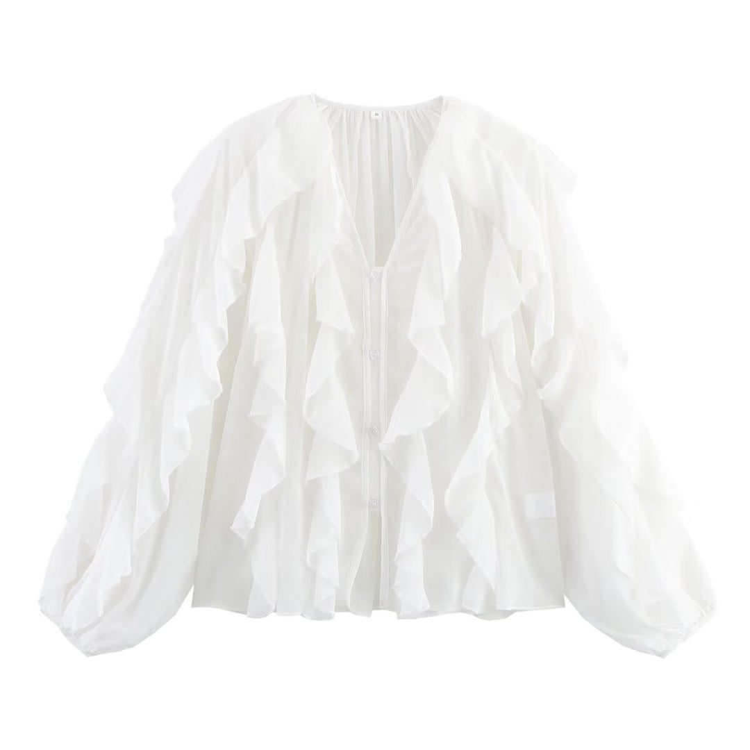Damen Volant‑Chiffonbluse mit Lagen‑Rüschen und weiten Ballonärmeln Shop Nory