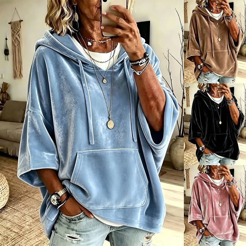 Damen Oversize Samt-Hoodie mit halbarm, Kapuze und Kängurutasche Shop Nory
