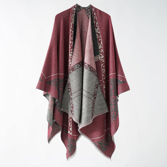 Damen Großer Double-Face Jacquard-Umhang mit Animal-Patch und feinem Fransensaum Shop Nory
