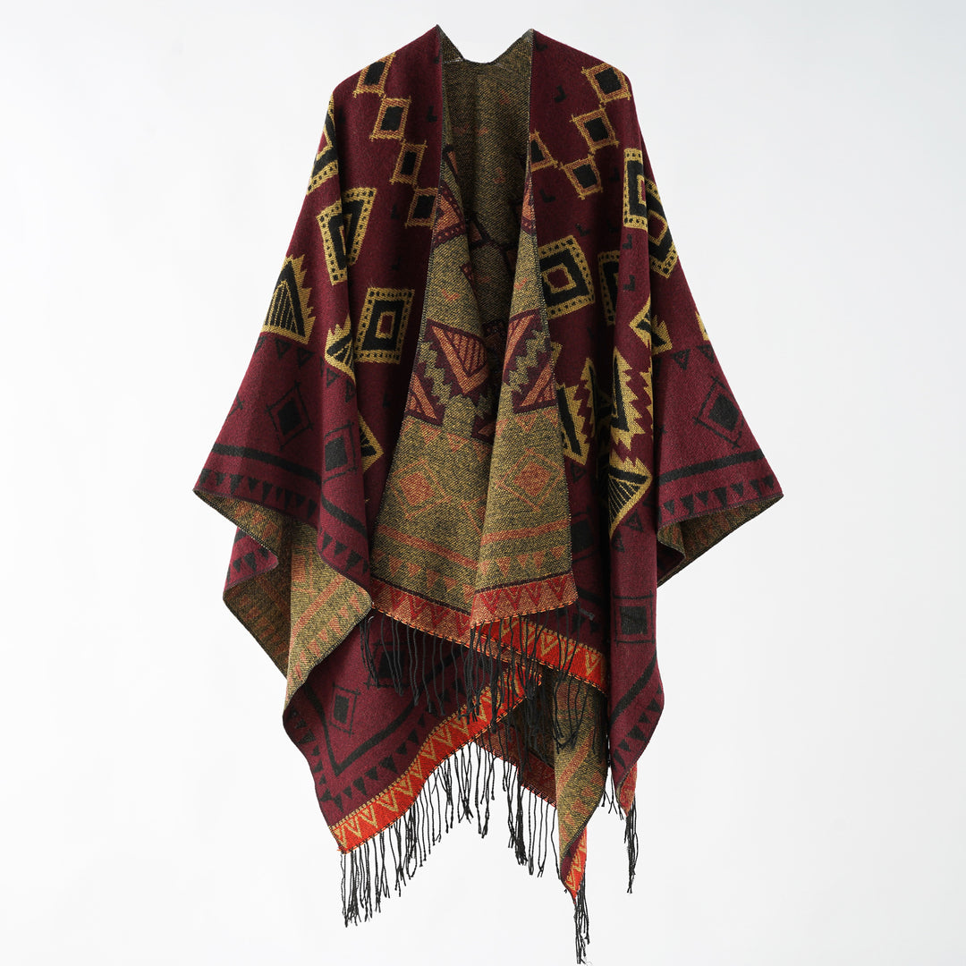 Damen Weichfallender Jacquard-Umhang im Ruana-Stil mit Fransen Shop Nory