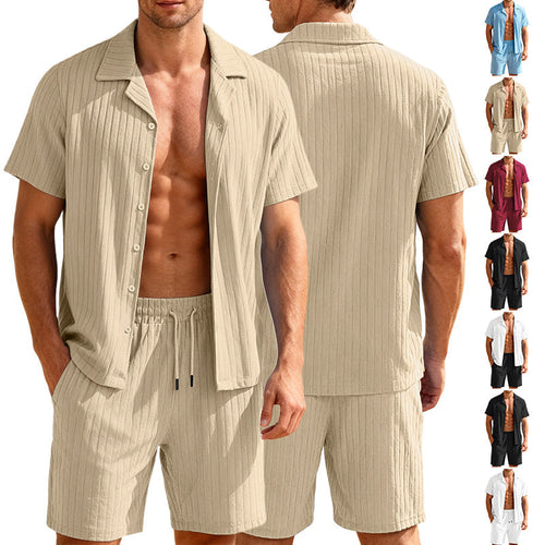 Herren nan geripptes Feinstrick-Lounge-Set mit kurzärmligem Revershemd und Kordelshorts
