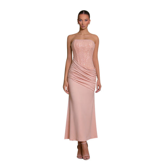 Damen Elegantes langes Abendkleid mit figurschmeichelndem Rüschendesign und schimmernden Pailletten Shopnory