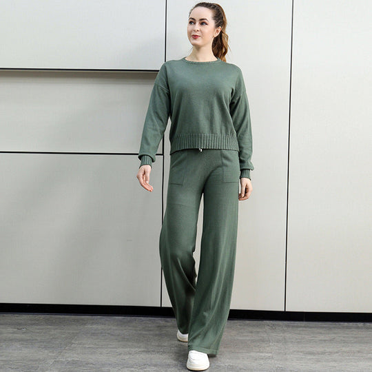 Damen gemütliches Strick-Loungewear-Set mit weitem Schnitt und praktischen Taschen Shopnory