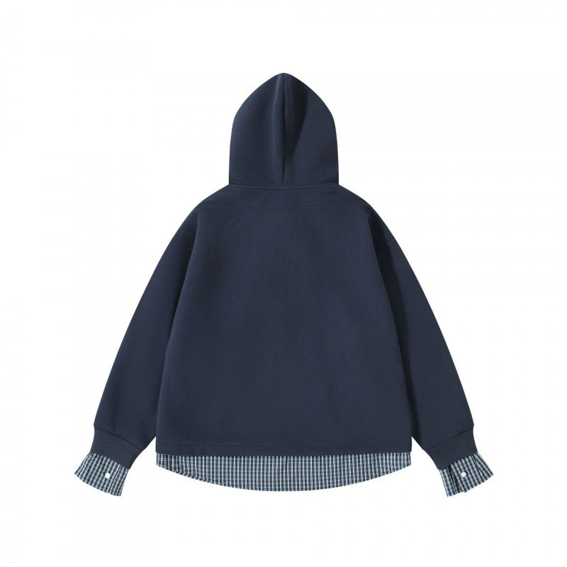 Damen Layering-Hoodie mit eingesetztem Hemdkragen, karierter Saum- und Manschettenoptik Shop Nory